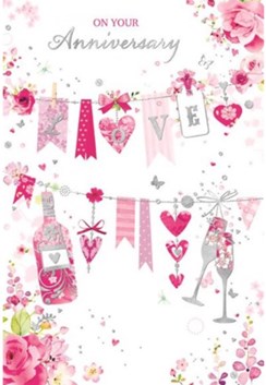Open Wedding Anniversary Card - Love Bunting Pink Roses Silver Foil 7.75x5.25"