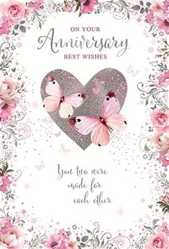 Wedding Anniversary Card - Silver Foil Heart Pink Butterflies Flowers 7.75x5.25"