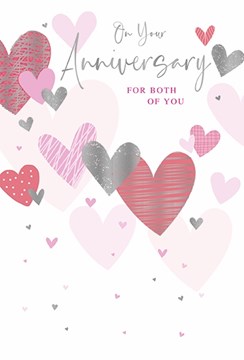 Open Wedding Anniversary Card - Pink Hearts with Silver Foil 7.75x5.25"