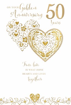 Golden 50th Wedding Anniversary Card - Gold Foiled Hearts 7.75x5.25"