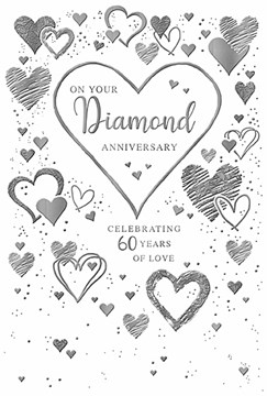 Diamond 60th Wedding Anniversary Card - Silver Foiled Hearts 7.75x5.25"