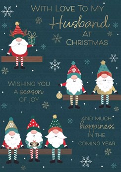 Husband Christmas Card - Gonks Sat on Shelves Snowflakes and Gold Foil 9.75x6.8"