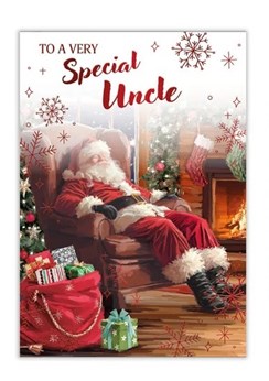 Uncle Christmas Card - Traditional Santa asleep in Chair with Red Foil 7.5x5.25"