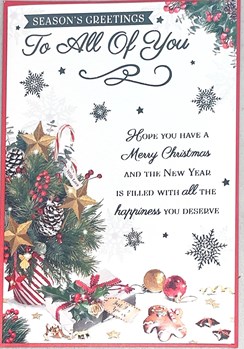 All Of You Christmas Card - Pine Cones Stars in Striped Pot Silver Foil 7.5x5.5"
