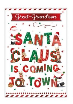 Great Grandson Christmas Card - Santa Claus is Coming to Town Red Foil 7.5x5.25"