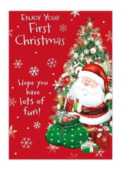 Baby's First Christmas Card - Santa & Xmas Tree with Silver Foil 7.5x5.5"