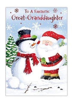 Great Granddaughter Christmas Card - Santa & Snowman with Red Foil 7.5x5.25"