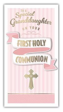 Granddaughter First Holy Communion Card Pink White Stripe Gold Foil Cross 8.75x4 Granddaughter First Holy Communion Card Pink White Stripe Gold Foil Cross 8.75x4