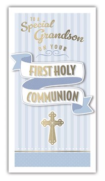 Grandson First Holy Communion Card - Blue White Stripe Gold Foil Cross 8.75x4"
