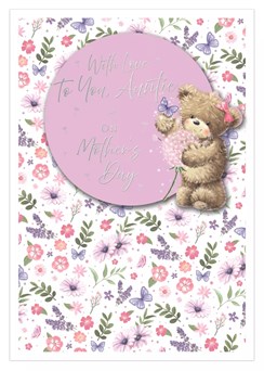 Auntie Mother's Day Card - Bear Pink Lilac Flowers Butterflies Foil 7.75x5.25"
