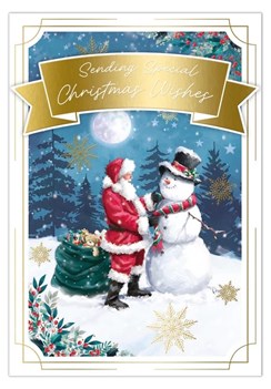 Open Happy Christmas Card - Santa & Snowman 3d Banner & Gold Foil 7.75x5.25"