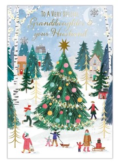 Granddaughter & Husband Christmas Card - Xmas Tree Houses Silver Foil 7.5x5.25