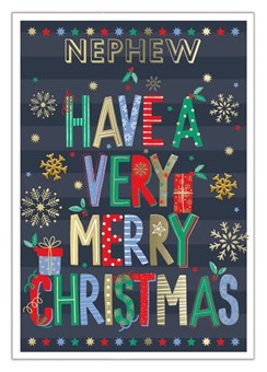 Nephew Christmas Card - Blue with Red Green Gold Writing & Foil 7.5x5.25"