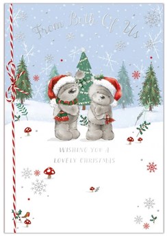 From Both Of Us Christmas Card - Santa Bears in Snowy Forest Twine Foil 7.5x5.25