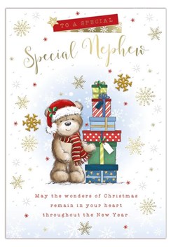 Nephew Christmas Card -  Santa Bear with Gifts and Gold Foil 7.75x5.25"