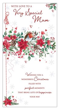 Mum Christmas Card - Robin Poinsettia Flowers Pine Cones Foil 9x4.75"