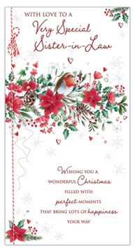 Sister-in-Law Christmas Card - Robin Poinsettia Flowers Pine Cones Foil 9x4.75"