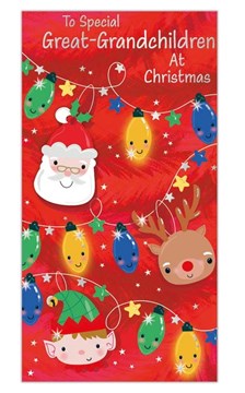 Great Grandchildren Christmas Card - 3D Santa & Friends on Lights & Foil 9x4.75"