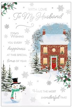 Husband Christmas Card - House and Snowman with Silver Foil 9x6"