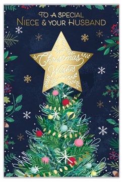 Niece & Husband Christmas Card - Large Gold Foil Star on Xmas Tree 9x6"