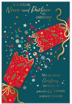 Niece & Partner Christmas Card - Green with Red Cracker and Gold Foil 9x6"