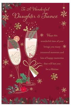 Daughter & Fiancé Christmas Card - Champagne Flutes with Gold Foil 9x6"