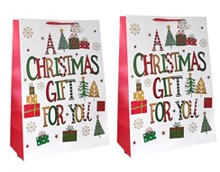 Set Of 2 Jumbo Christmas Gift Bags 22x16" - Red Gold Green Trees and Gifts