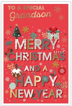 Grandson Christmas Card - Red with Green White and Gold Writing with Foil 9x6"