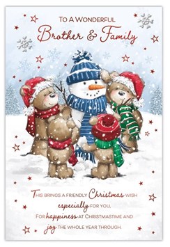 Brother & Family Christmas Card - Bears Building Snowman Red Foil 9x6"