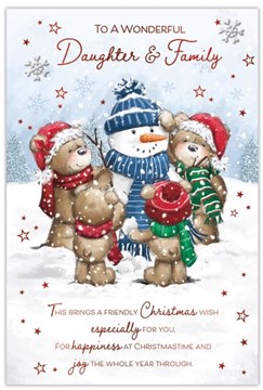 Daughter & Family Christmas Card - Bears Building Snowman Red Foil 9x6"