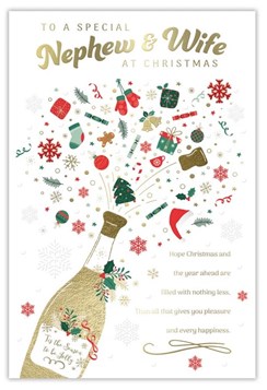 Nephew & Wife Christmas Card - Xmas Icons out of Champagne Bottle Gold Foil 9x6"