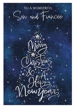 Son and Fiancée Christmas Card - Blue with Silver Foiled Tree and Stars 9x6"