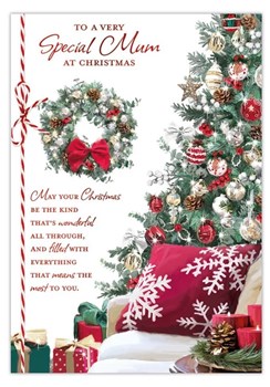 Mum Christmas Card - Xmas Tree and Wreath with Red Foil attached Twine 9.75x7"