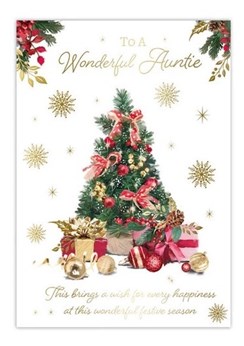 Auntie Christmas Card - Xmas Tree with Gifts and Baubles Gold Foil 7.5x5.25"