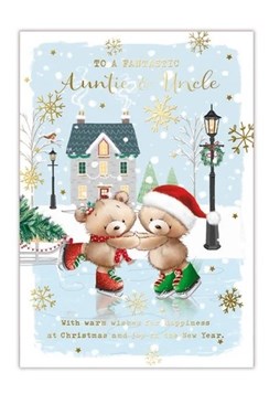 Auntie & Uncle Christmas Card - Bears Ice Skating by House Gold Foil 7.5x5.25"