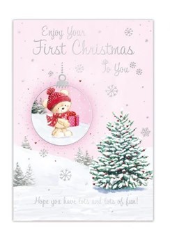 Baby's First Christmas Card - Pink with Bear in Bauble Silver Foil 7.5x5.25"