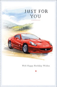 Open Male Birthday Card - Red Sports Car, Countryside & Little Star 9" x 5.75"
