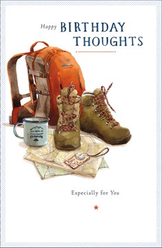 Open Male Birthday Card - Red Backpack, Hiking Boots, Maps & Compass 9" x 5.75"