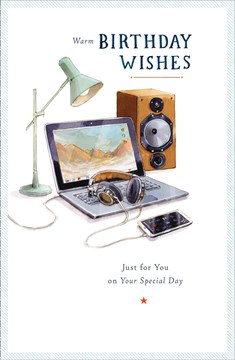 Open Male Birthday Card - Black Laptop, Mobile Phone & Headphones 9" x 5.75"