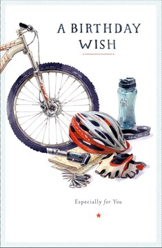 Open Male Birthday Card - Grey Bicycle, Helmet, Water Bottle & Gloves 9" x 5.75"