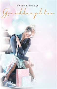 Granddaughter Birthday Card - Young Girl, Pastel Balloons & Gift Bags 9" x 5.75"