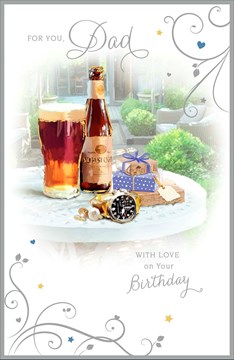 Dad Birthday Card - Beer Bottle, Pint Glass, Gold Watch & Presents 9" x 5.75"