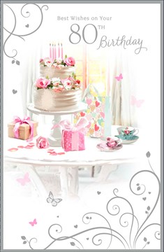 Age 80 Female Birthday Card - White Cake, Presents, Roses & Teacups 9" x 5.75" Age 80 Female Birthday Card - White Cake, Presents, Roses & Teacups 9" x 5.75"