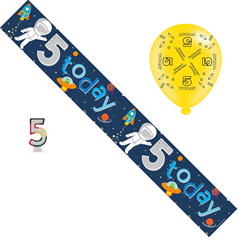 Age 5 Boy Birthday Party Pack - 5th Banner, Balloons, Number Candle