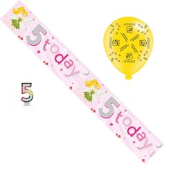 Age 5 Girl Birthday Party Pack - 5th Banner, Balloons, Number Candle