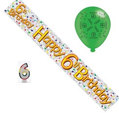 Age 6 Boy Birthday Party Pack - 6th Banner, Balloons, Number Candle