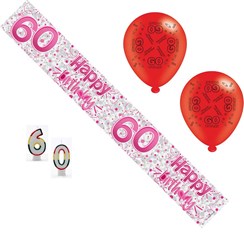 Age 60 Female Birthday Party Pack - 60th Banner, Balloons, Number Candles