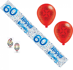 Age 60 Male Birthday Party Pack - 60th Banner, Balloons, Number Candles Age 60 Male Birthday Party Pack - 60th Banner, Balloons, Number Candles