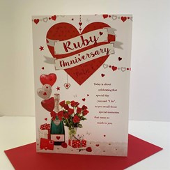 ICG Ruby 40th Wedding Anniversary Card - Champagne Roses & Hearts 9x6"