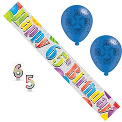 Age 65 Unisex Birthday Party Pack - 65th Banner, Balloons, Number Candles